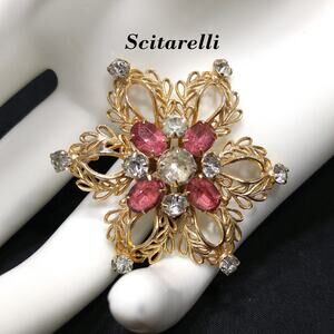 Scitarelli Mid-century Pink Clear Rhinestone Floral Brooch Pendant 1950s Vintage